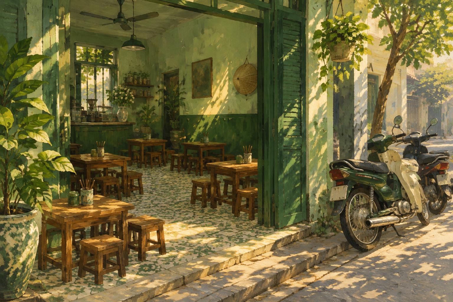 Tranh minh họa một quán cà phê nhỏ buổi sáng với bàn ghế gỗ và xe máy đậu phía trước