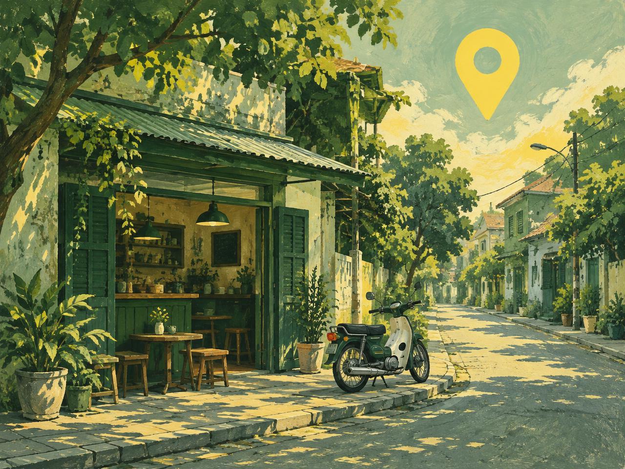 Tranh minh họa một góc phố buổi sáng với quán cà phê nhỏ và xe máy đậu trước cửa